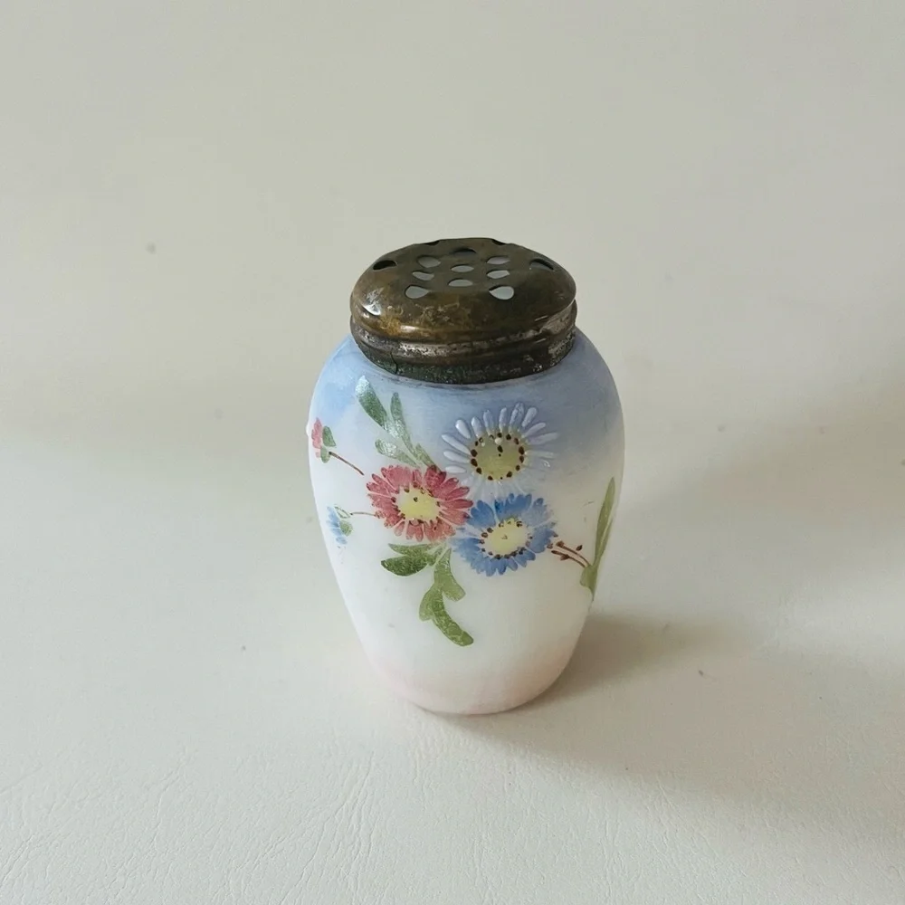 Hand-Painted Milk Glass Floral Salt Shaker with Metal Lid